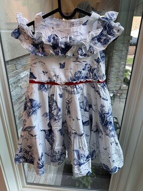 Monnalisa Blue & White Ruffle Toile Dress for Kids